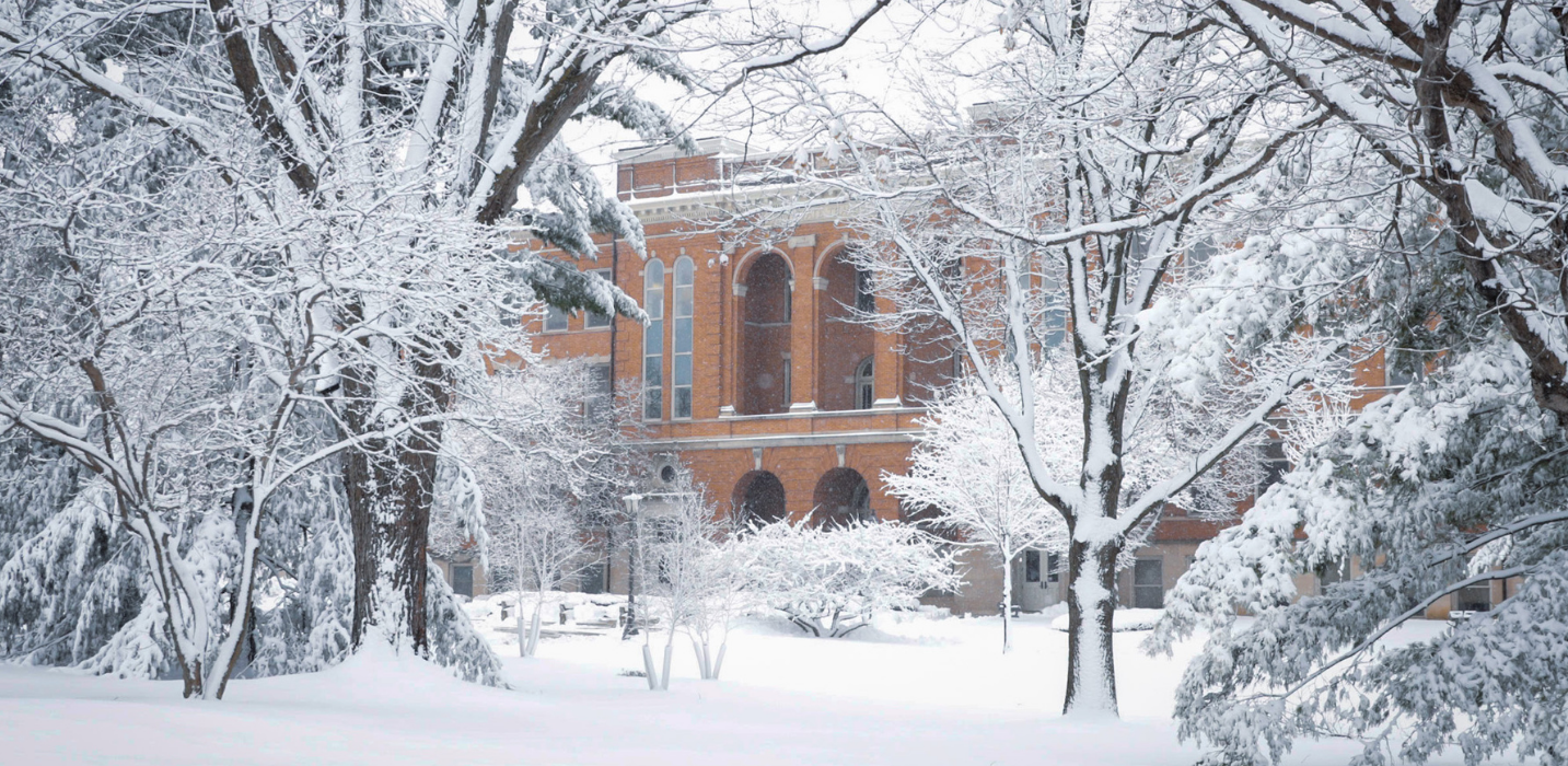 “A winter scene of Lang Hall at the University of Northern Iowa, with the red-brick building partially hidden behind large snow-covered trees. Fresh snow blankets the ground and branches, creating a quiet, serene campus landscape.”