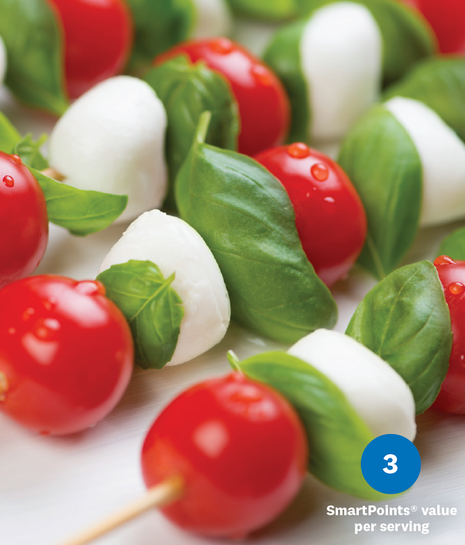 picture of cherry tomatoes with basil and mozzarella on a skewer